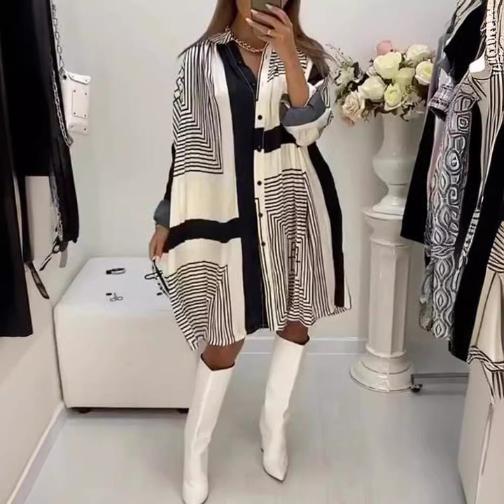 Damen nan knieumspielendes A-Linien-Hemdblusenkleid mit grafischem Linienprint, verdeckter Knopfleiste und oversized Manschetten Echo Archiv