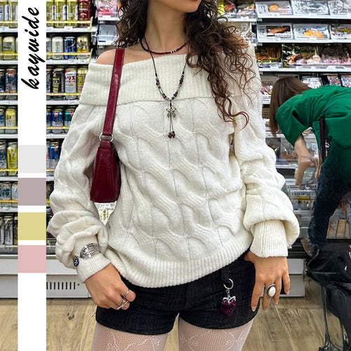 Damen schulterfreier Grobstrickpullover mit Zopfmuster, weitem Armaufschlag und elastischem Rippenbund – Mavelle