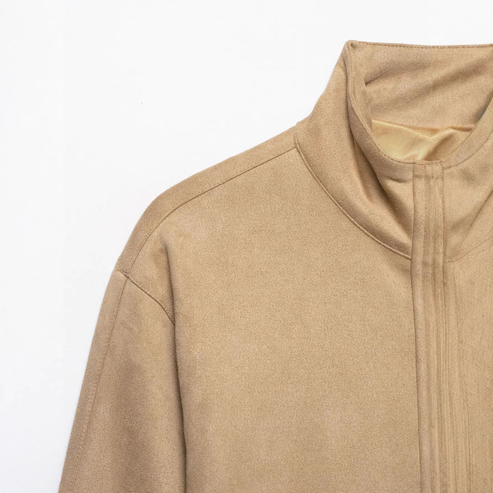 Damen Kurze Boxy-Jacke in Veloursoptik mit Stehkragen und Druckknopfleiste Echoarchiv