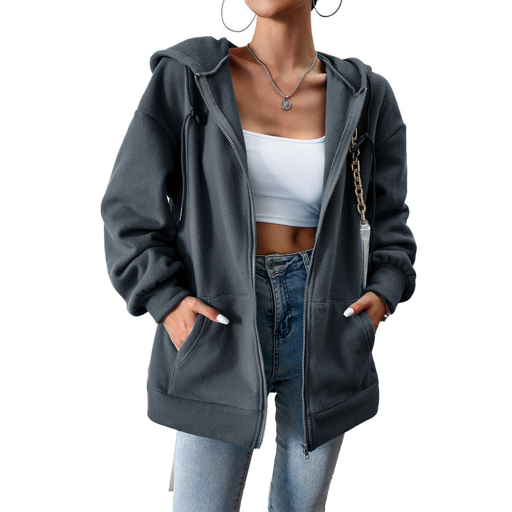 Damen kuscheliger Teddy-Fleece Zip-Hoodie mit Kapuze, tiefer Schulterpassform und Kängurutaschen – Auréline