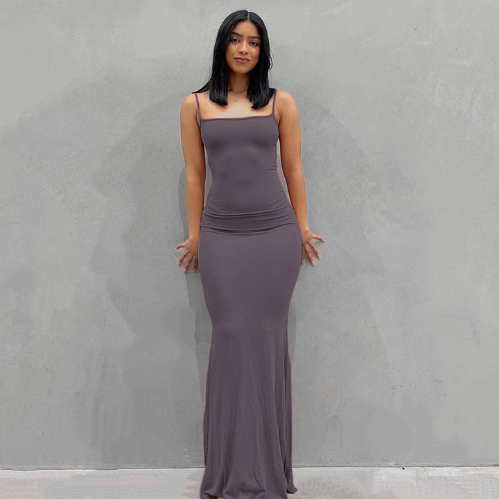 Damen Körperbetontes Maxi‑Jerseykleid mit taillierter Drapierung, langen Ärmeln und ausgestelltem Saum – Valéora