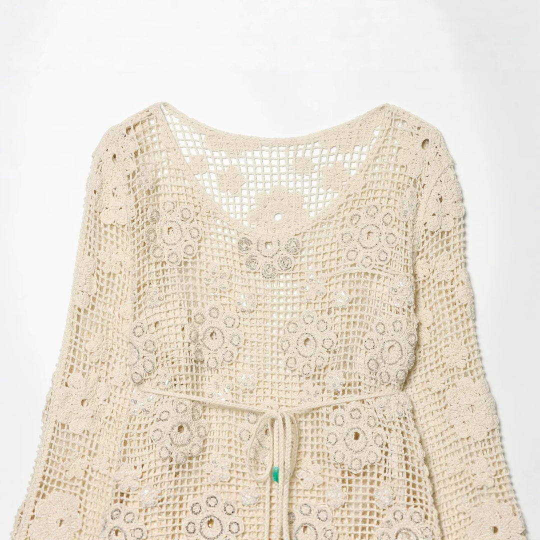 Damen gehäkelter Oversize-Pullover mit Blumen-Openwork und Rundhalsausschnitt Echo Archiv