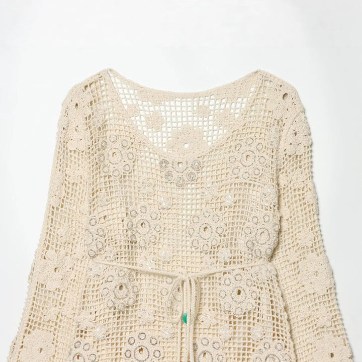 Damen gehäkelter Oversize-Pullover mit Blumen-Openwork und Rundhalsausschnitt Echo Archiv
