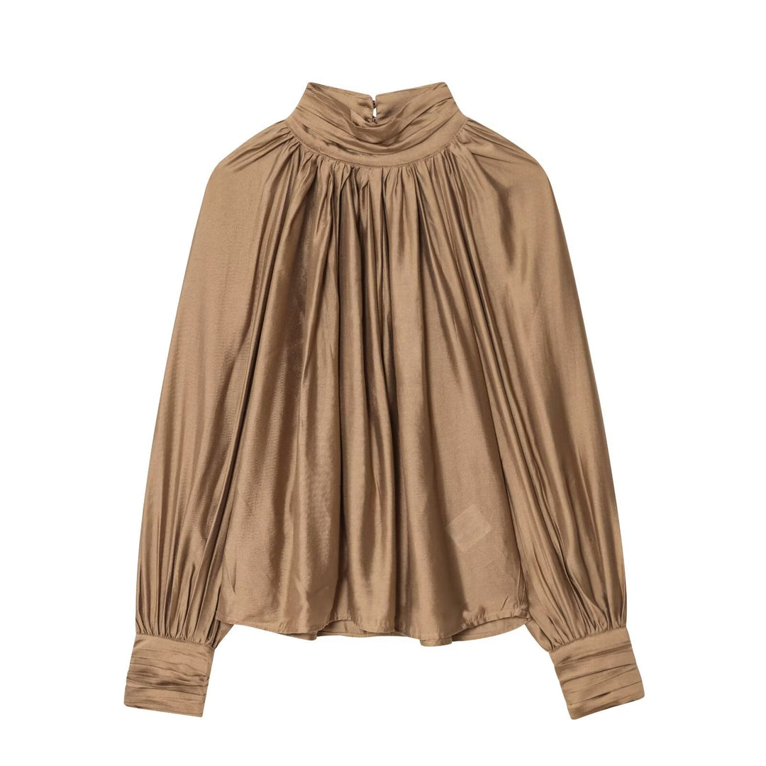 Damen Plissierte Satinbluse mit Stehkragen und Ballonärmeln Echoarchiv