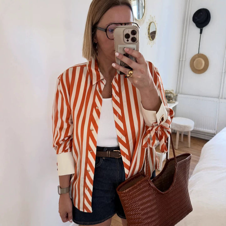 Damen Gestreifte Oversize-Hemdbluse mit Bindebändern an Ärmeln und verdeckter Knopfleiste Echoarchiv