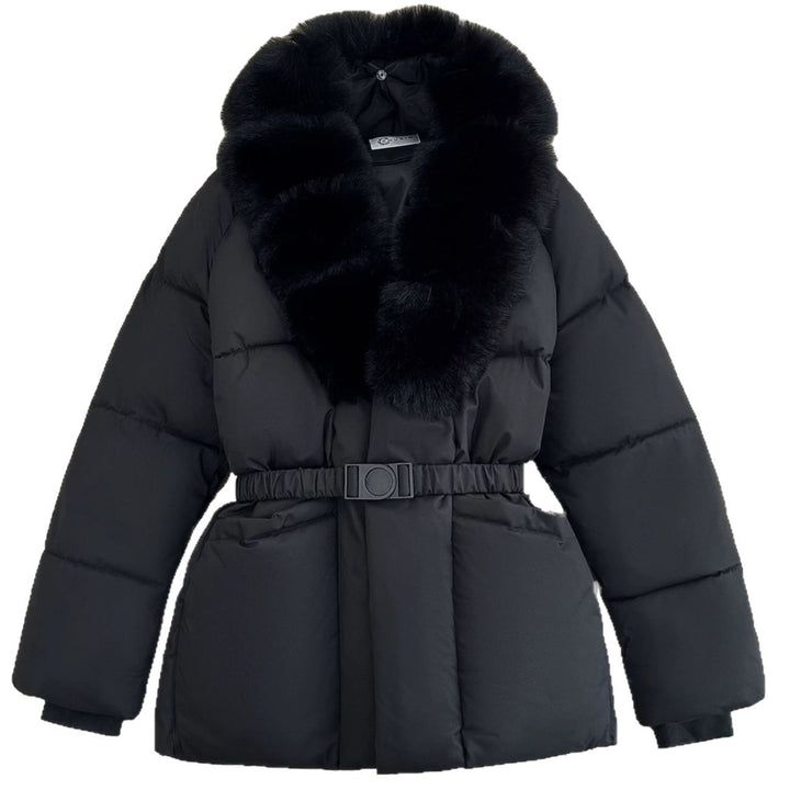 Damen Taillierte Kurz-Steppjacke mit voluminösem Schalkragen aus Kunstfell und Ziergürtel Echo Archiv