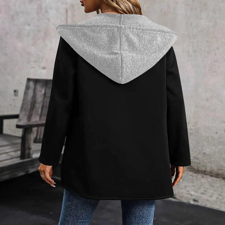 Damen Kapuzen-Longcardigan mit kontrastierter Kante und Eingrifftaschen – Veloura
