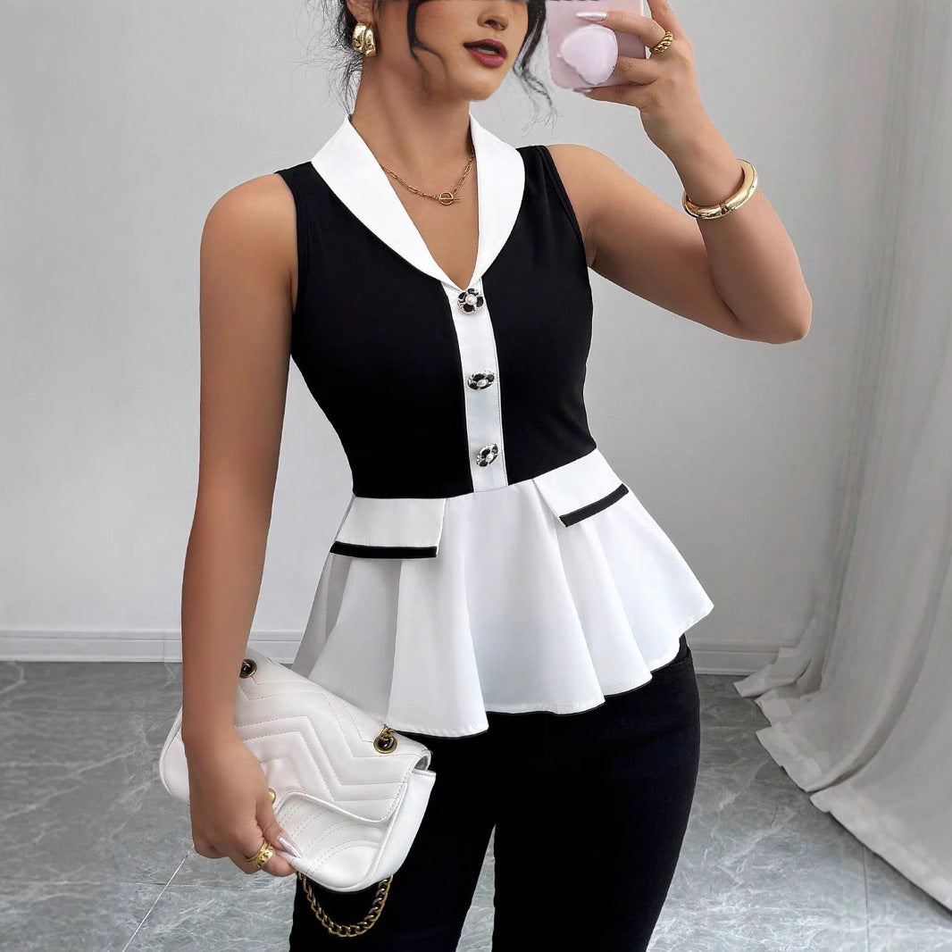 Damen Elegantes Peplum-Oberteil mit Kragen und Knopfdetaillierung Echo Archiv