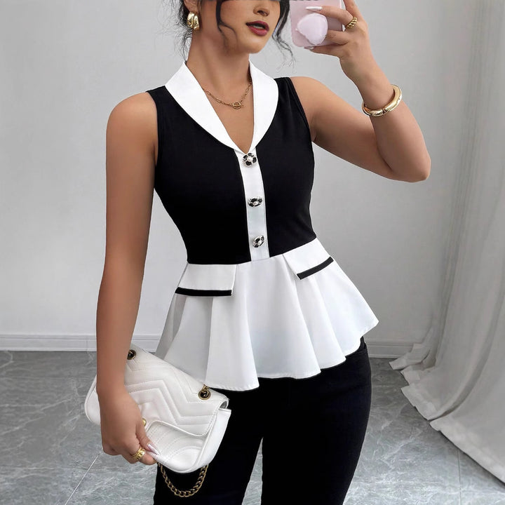 Damen Elegantes Peplum-Oberteil mit Kragen und Knopfdetaillierung Echo Archiv