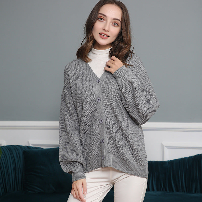 Damen Waffelstruktur-Cardigan mit tiefem V-Ausschnitt und kastigem Oversize-Schnitt Echo Archiv