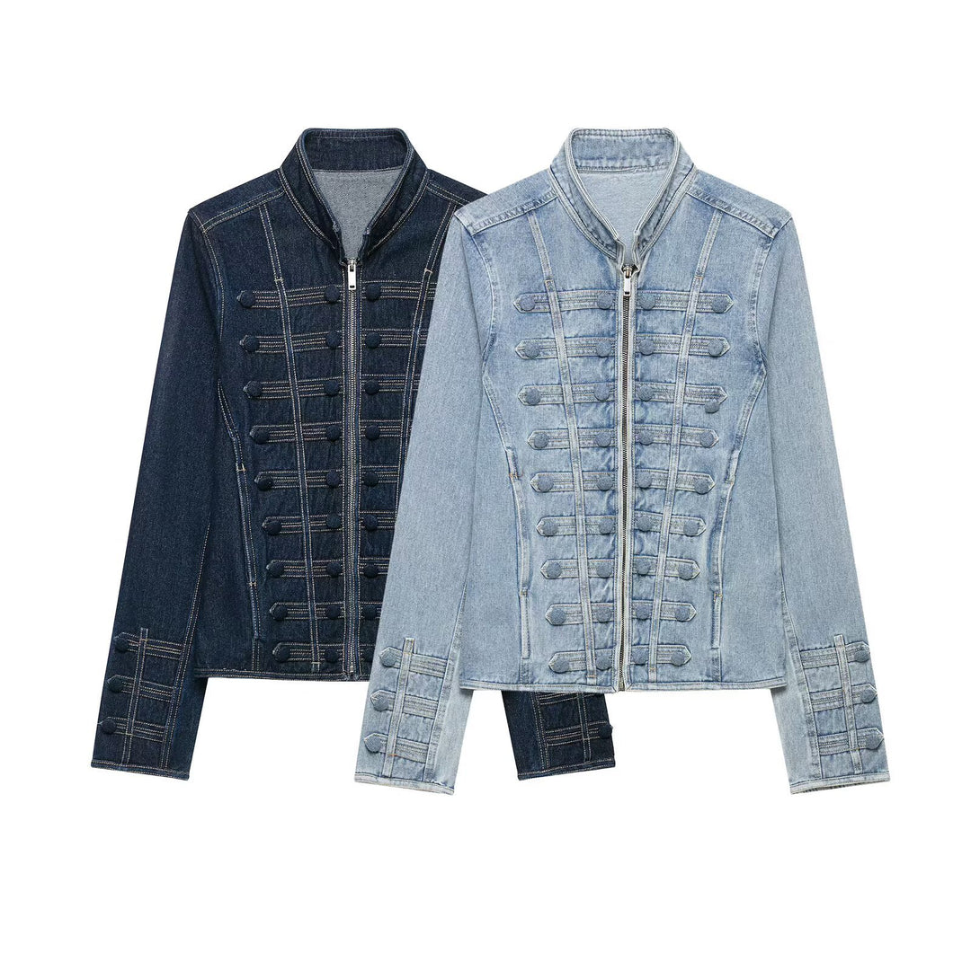Damen Taillierte Denimjacke mit militärischen Galon‑Details und Stehkragen Echo Archiv