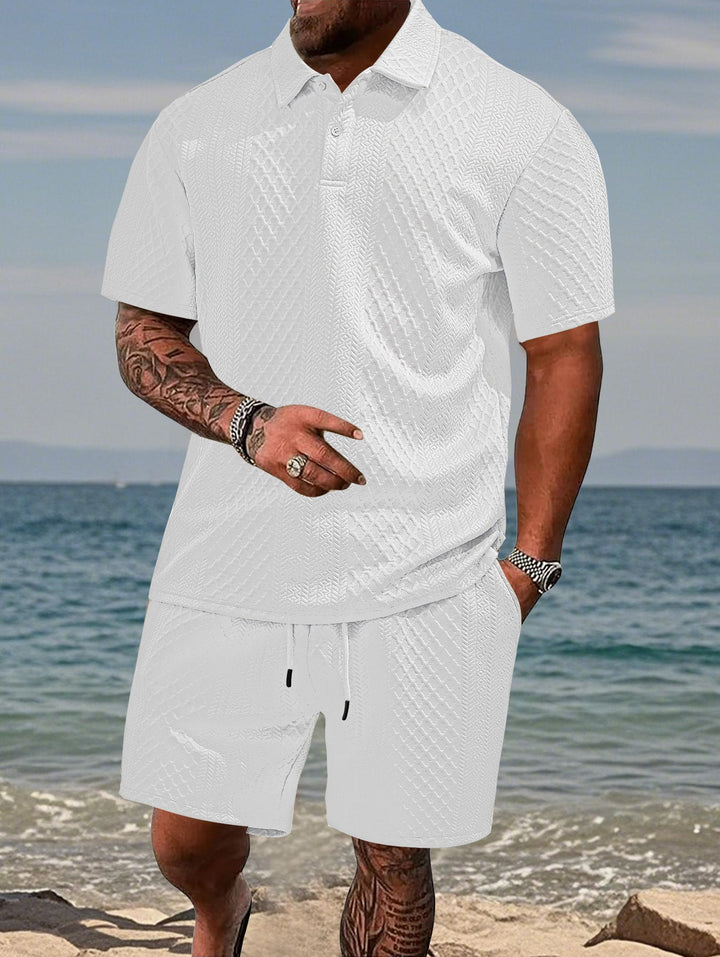 Herren nan geprägtes Strand-Ensemble mit offenem Kurzarm-Hemd und Kordel-Bermuda Echoarchiv