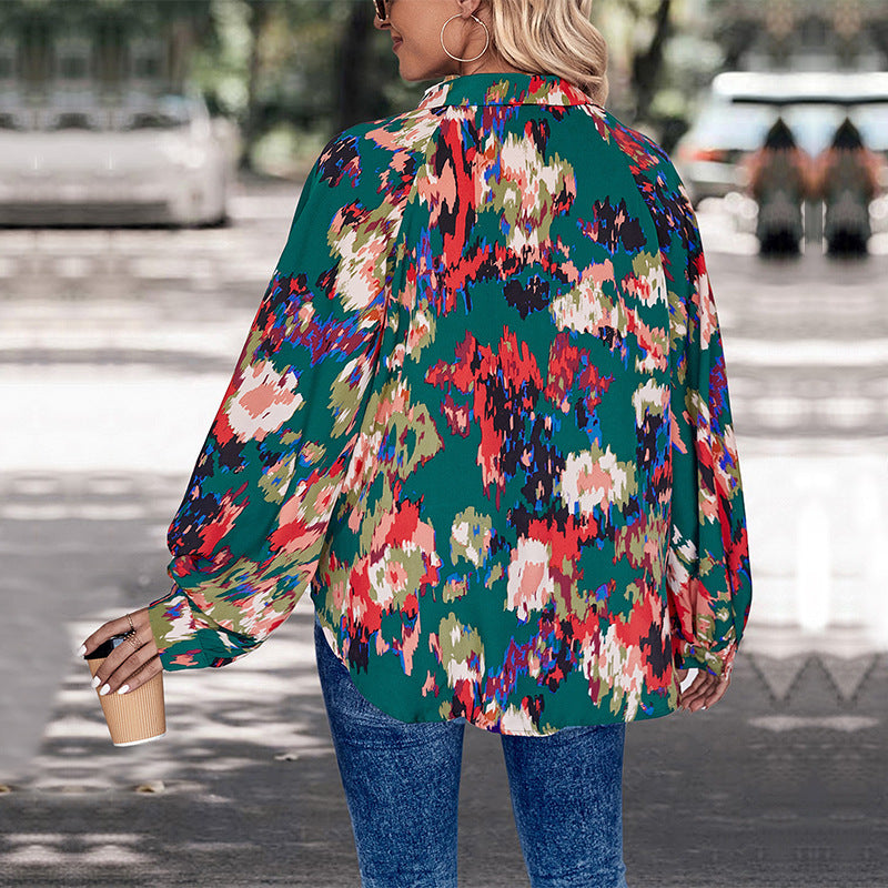 Damen Chiffonbluse mit weitem Ballonärmel, V-Ausschnitt und abstraktem Allover-Print Echoarchiv