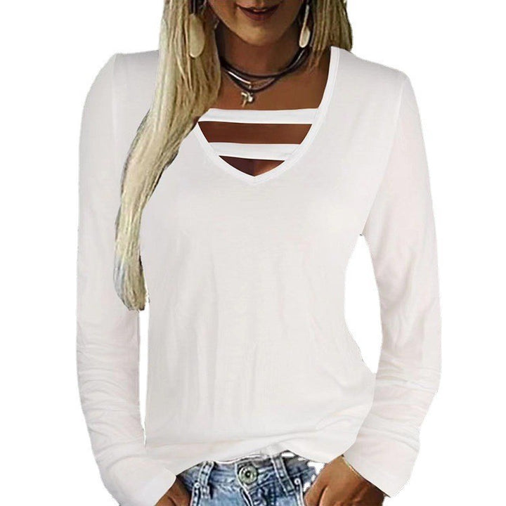 Damen Figurumspielendes V‑Ausschnitt‑Longsleeve mit dekorativen Dekolleté‑Bändern – Avérine