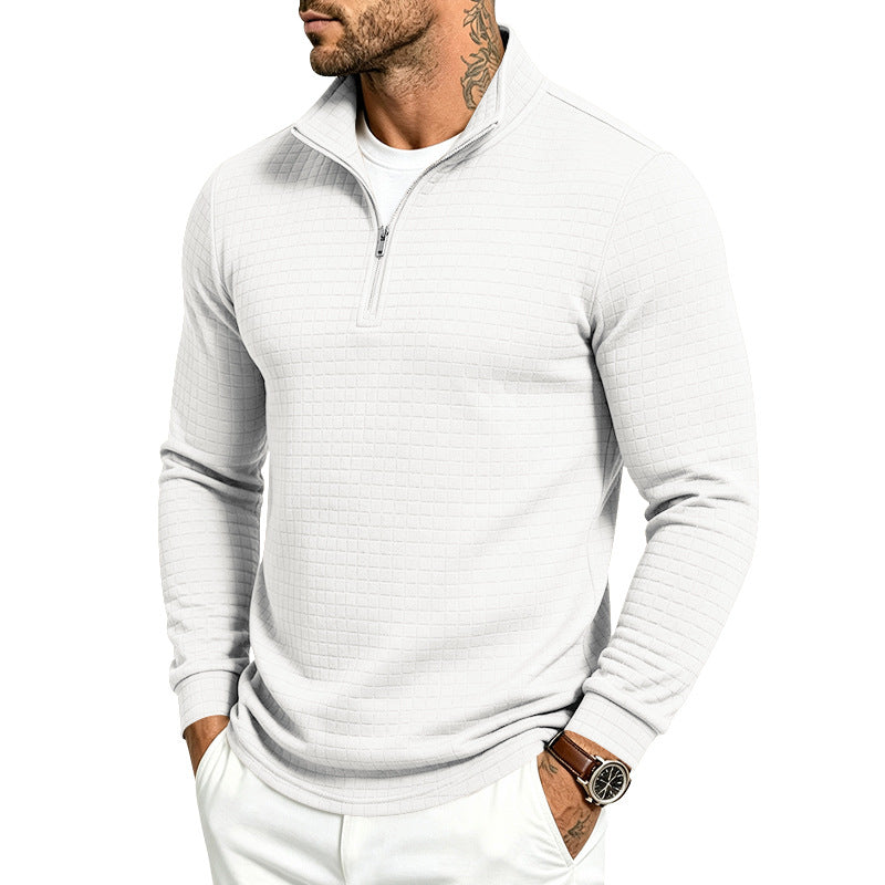 Herren Slim-Fit Pullover mit halbem Reißverschluss und geprägter Quadratstruktur Echoarchiv