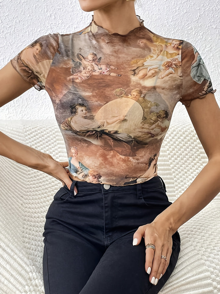 Damen nan figurnahes transparentes Mesh-Top mit barockem Engeldruck, Stehkragen und Kräuselsaum Echo Archiv