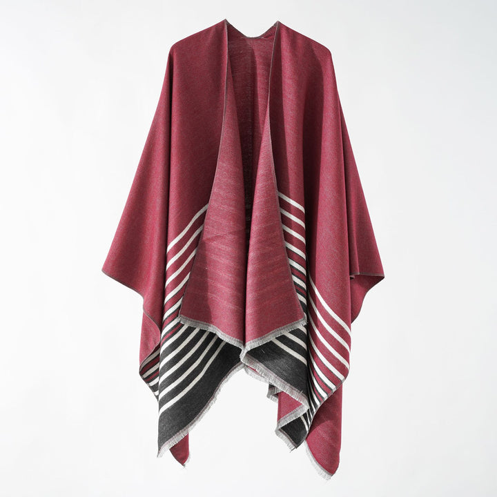 Damen Oversize-Umhangponcho im kastigen Fall mit diagonalem Streifenpanel und feinfransigem Saum Echo Archiv