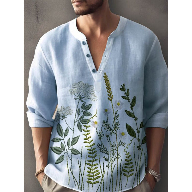 Herren Leinenhemd mit floralem Stickdesign Echoarchiv
