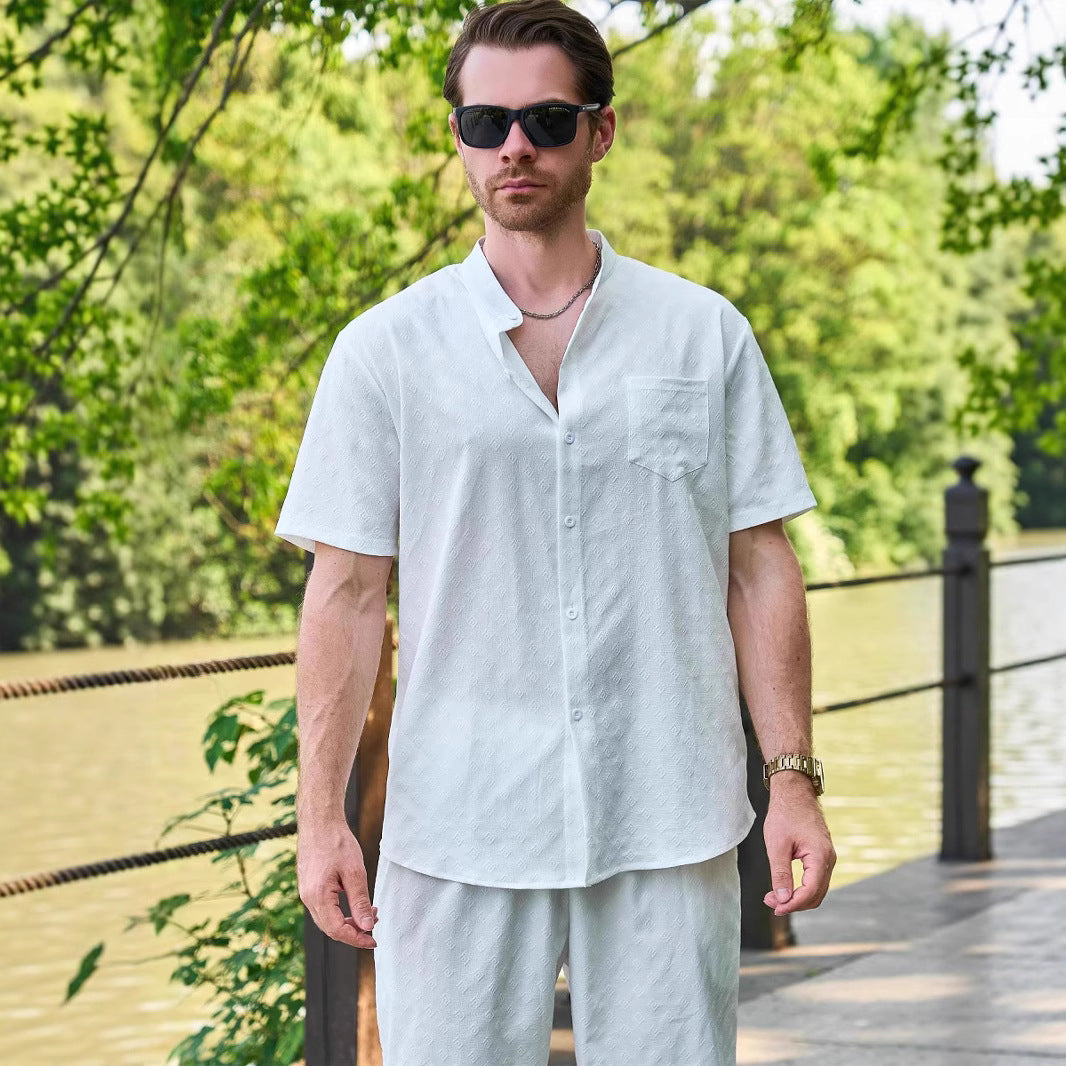 Herren Kurzarmhemd mit eleganten Strukturen und modernem Stehkragen Echoarchiv