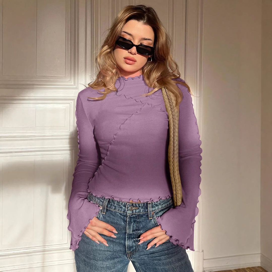 Damen Geripptes Langarmshirt mit Rüschen-Saum und Stehkragen Echo Archiv