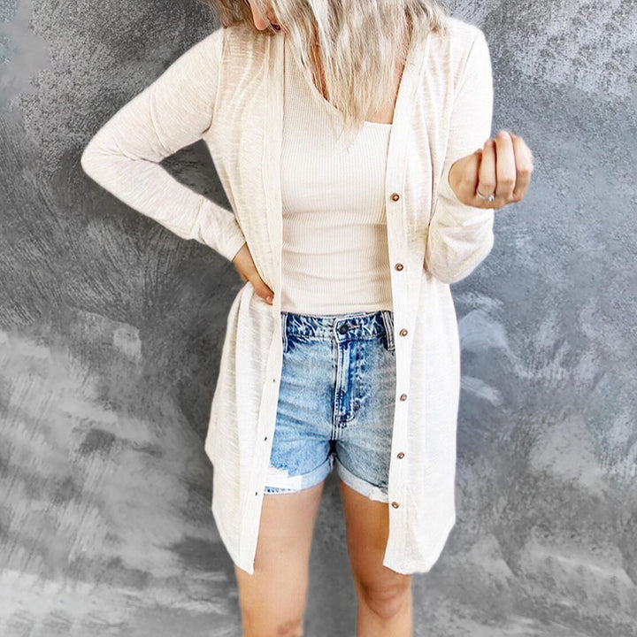Damen Leichter Longcardigan mit Knopfleiste und geripptem Feinstrick Echoarchiv
