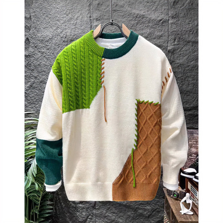 Unisex Patchwork-Oversize-Strickpullover mit Zopf- und Rautenmuster, dekorativen Kontrastnähten und Rundhalsausschnitt Echoarchiv