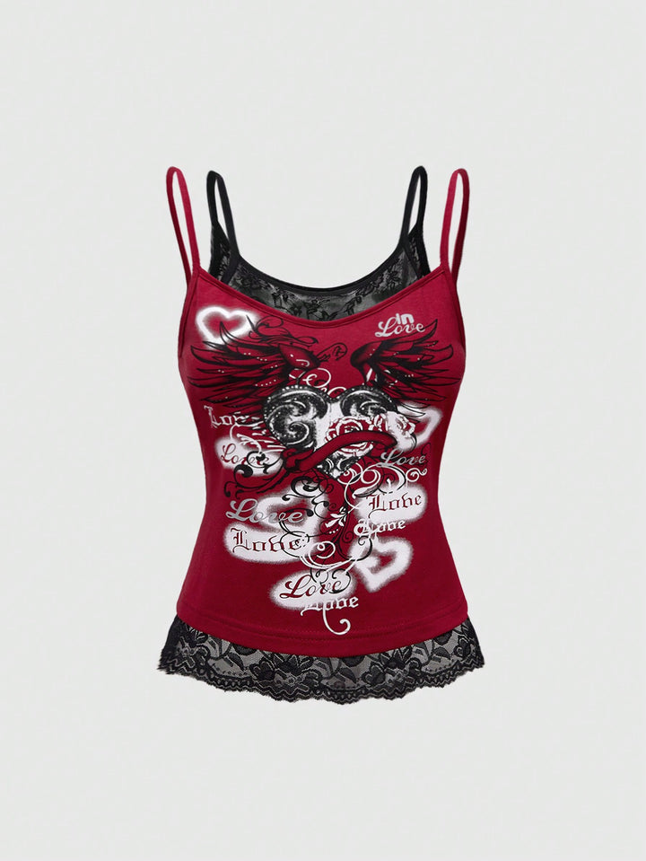 Damen Spitze Cami Top mit Grafischem Print Echo Archiv