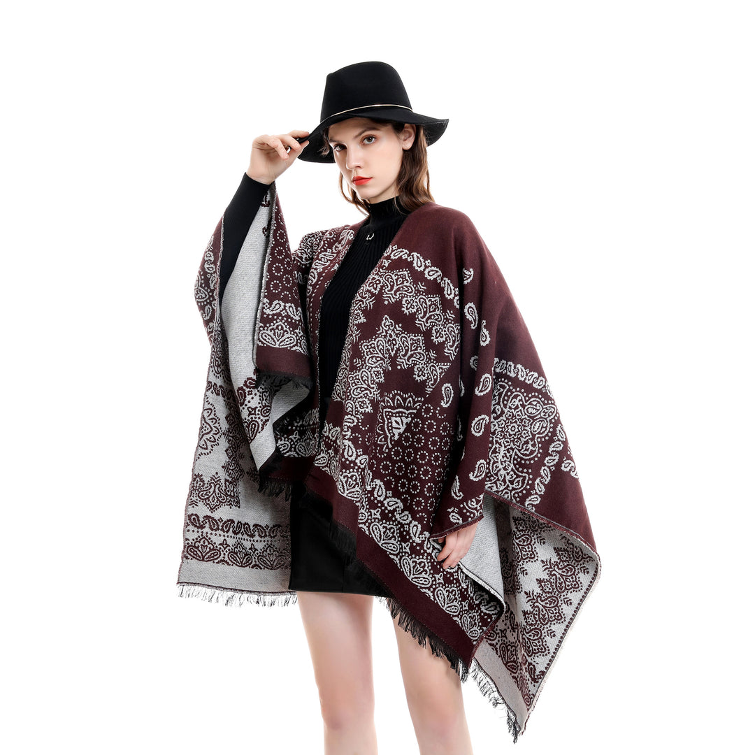 Damen Jacquard-Umhangponcho mit Paisley-Muster und Fransen Echo Archiv