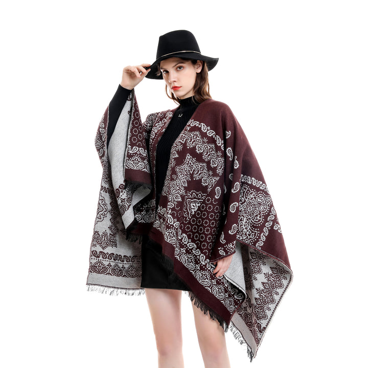 Damen Jacquard-Umhangponcho mit Paisley-Muster und Fransen Echo Archiv
