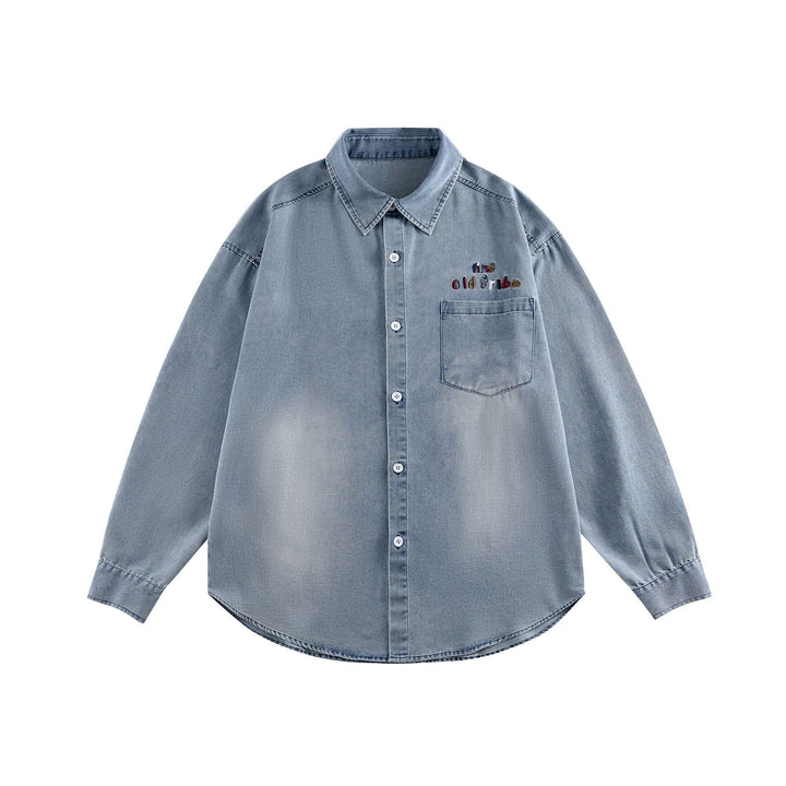 Unisex Oversize Denim-Hemdjacke mit gerundetem Saum und gesticktem Brustmotiv Echoarchiv