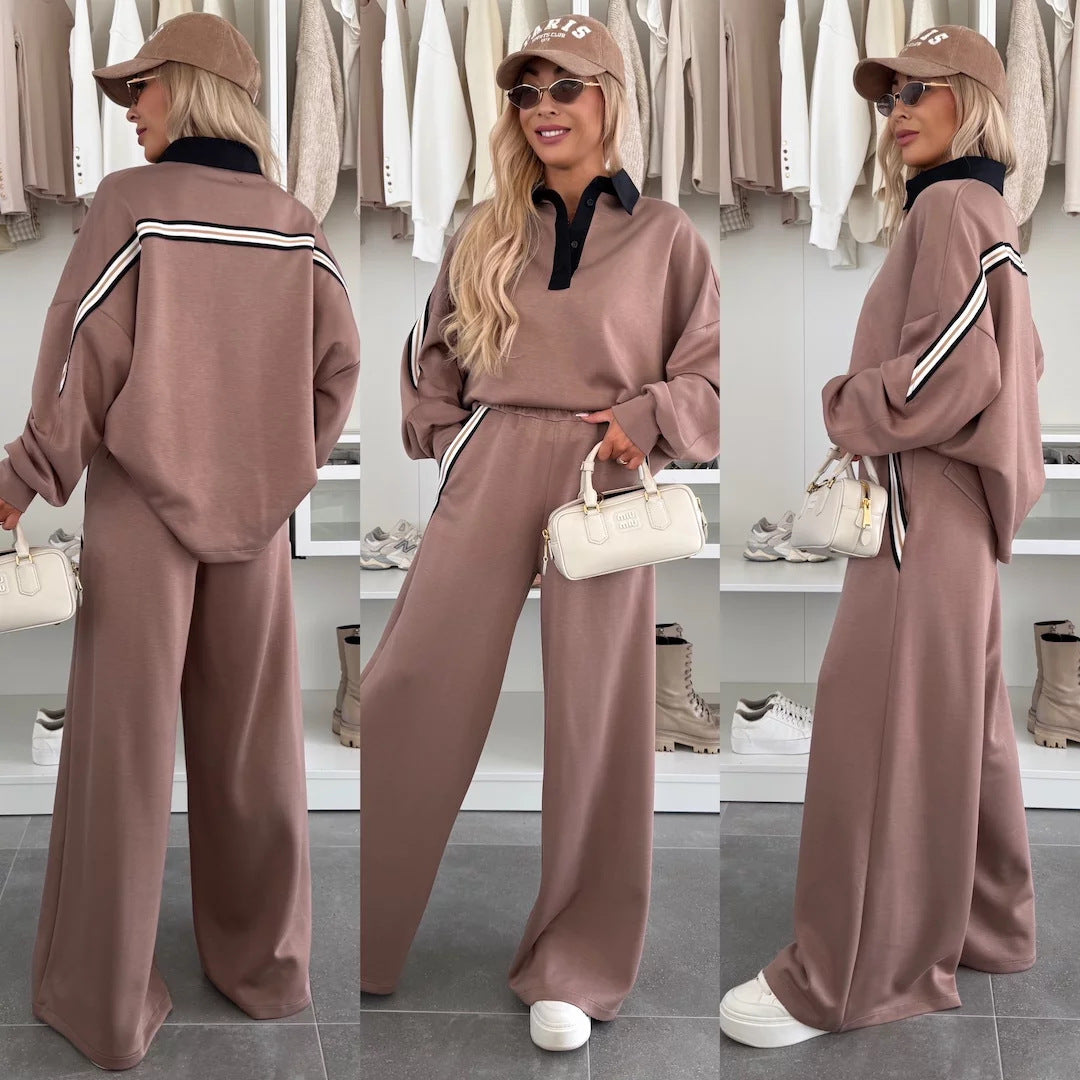 Damen modisches Relax-Set mit Polokragen, markanten Paspelstreifen und weitem Palazzo-Jogger – Élanora