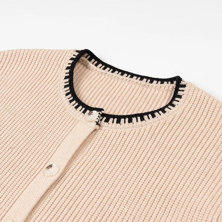 Damen gerippte Strickjacke mit Rundhals, kontrastierender Paspel und durchgehender Knopfleiste – Veloura