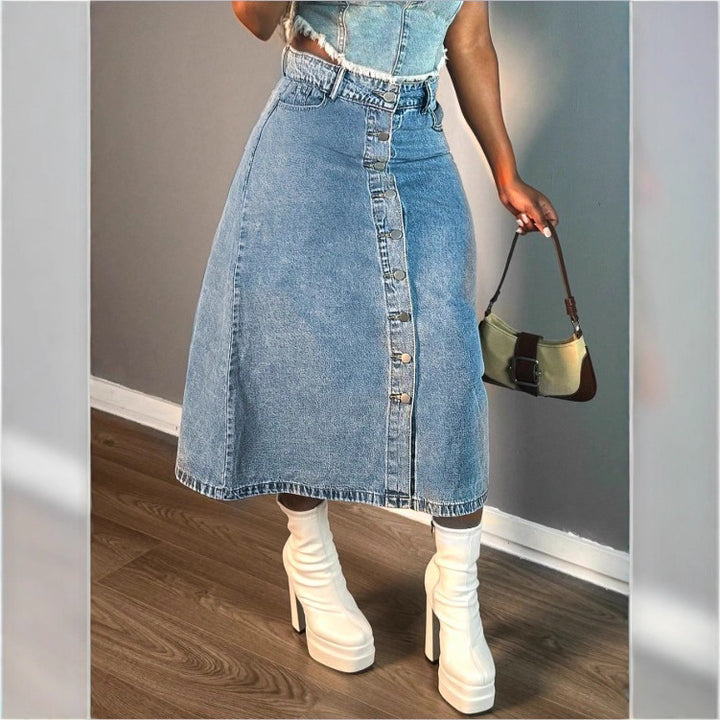 Damen A-Linien Denim-Midirock mit taillenhohem Bund und durchgehender Knopfleiste Echo Archiv