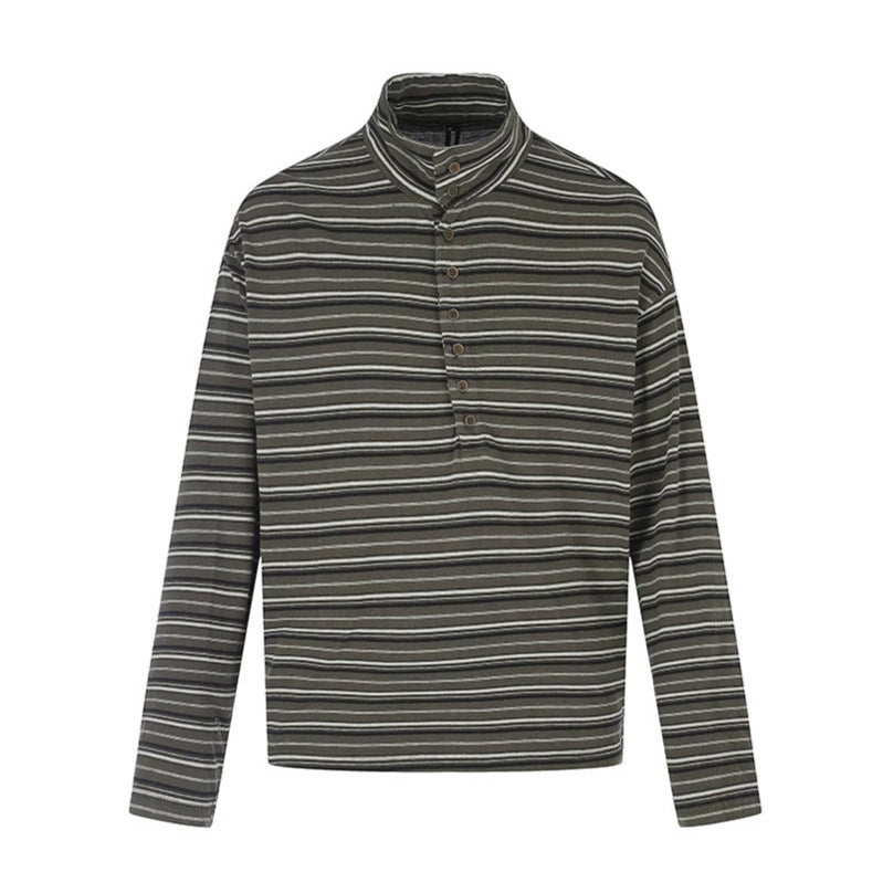 Herren Lässiges Henley-Langarmshirt mit Stehkragen und feinem Streifenmuster Echoarchiv