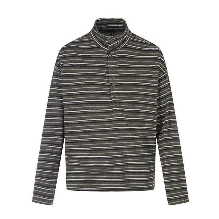 Herren Lässiges Henley-Langarmshirt mit Stehkragen und feinem Streifenmuster Echoarchiv