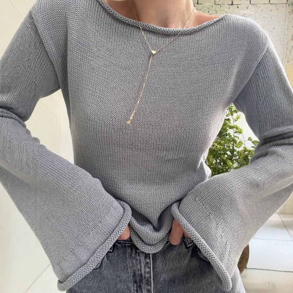 Damen Grobstrick-Pullover mit weitem U-Boot-Ausschnitt & extraweiten Trompetenärmeln Echoarchiv