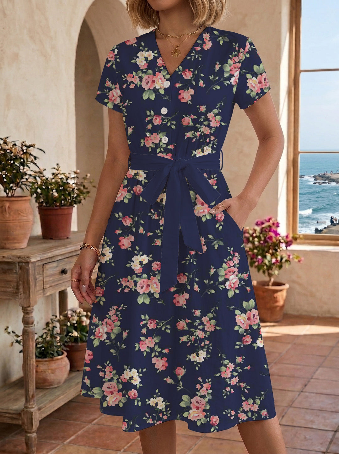 Damen Midikleid mit floralem Muster und Taillengürtel Echo Archiv