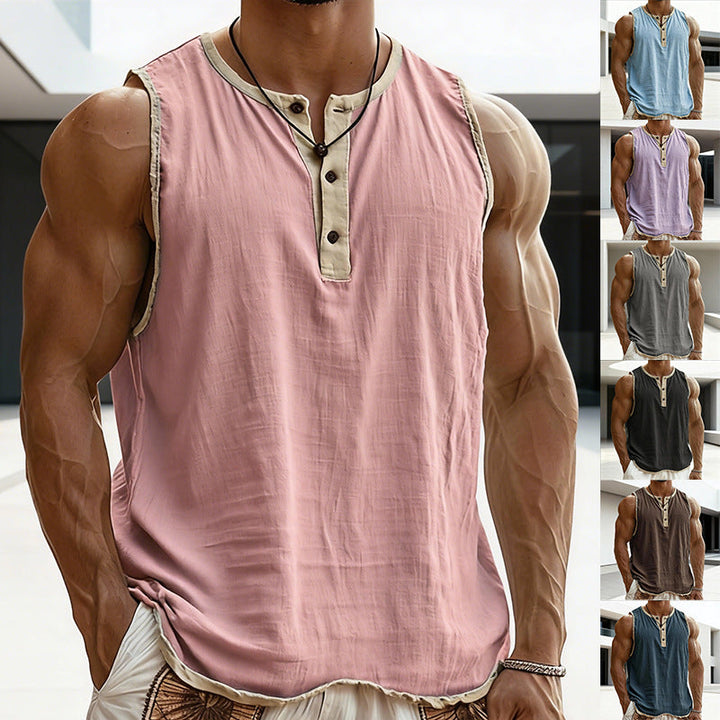 Herren nan ärmelloses Henley-Muskelshirt mit Knopfleiste und kontrastierter Einfassung Echoarchiv