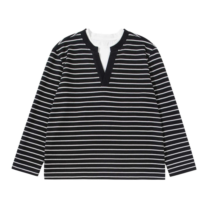 Damen Gestreiftes Strickshirt mit V-Ausschnitt und Lagenlook Echoarchiv