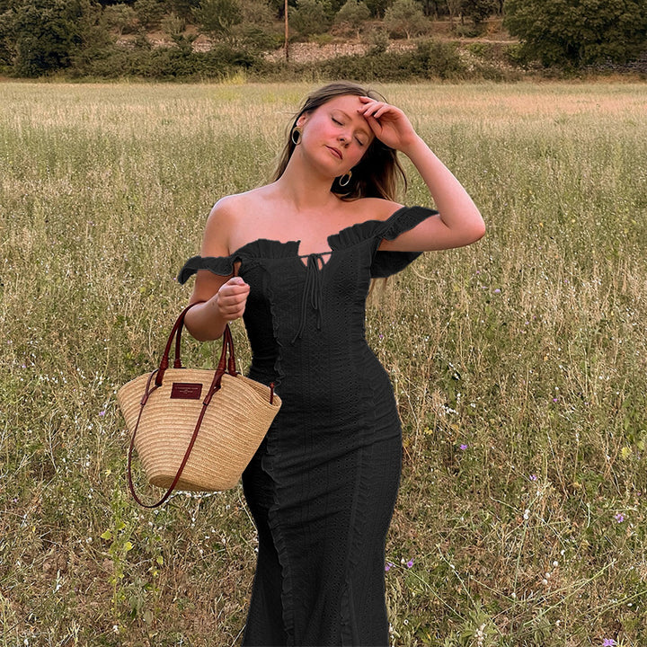 Damen schulterfreies Maxikleid mit Rüschendetails und taillierter Silhouette Echo Archiv
