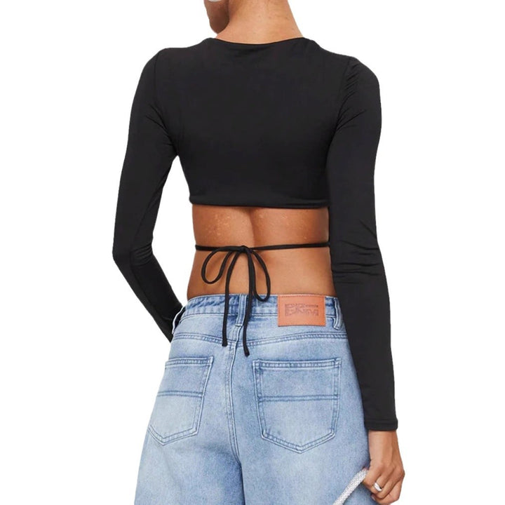 Damen kurzes Wickel-Crop-Top mit Rückenschnürung und langen Ärmeln – Avérine
