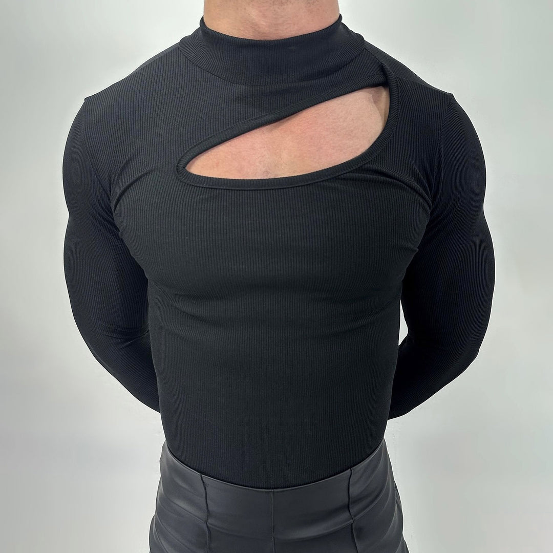 Damen nan eng anliegendes Langarm-Oberteil aus feinem Rippjersey mit asymmetrischem Schulter-Ausschnitt und hohem Kragen Echo Archiv