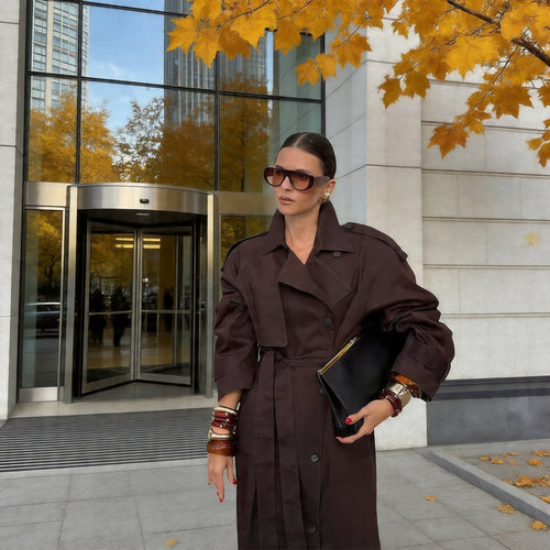 Damen Langer Taillierter Trenchcoat mit Bindegürtel und Doppelreihe Echo Archiv