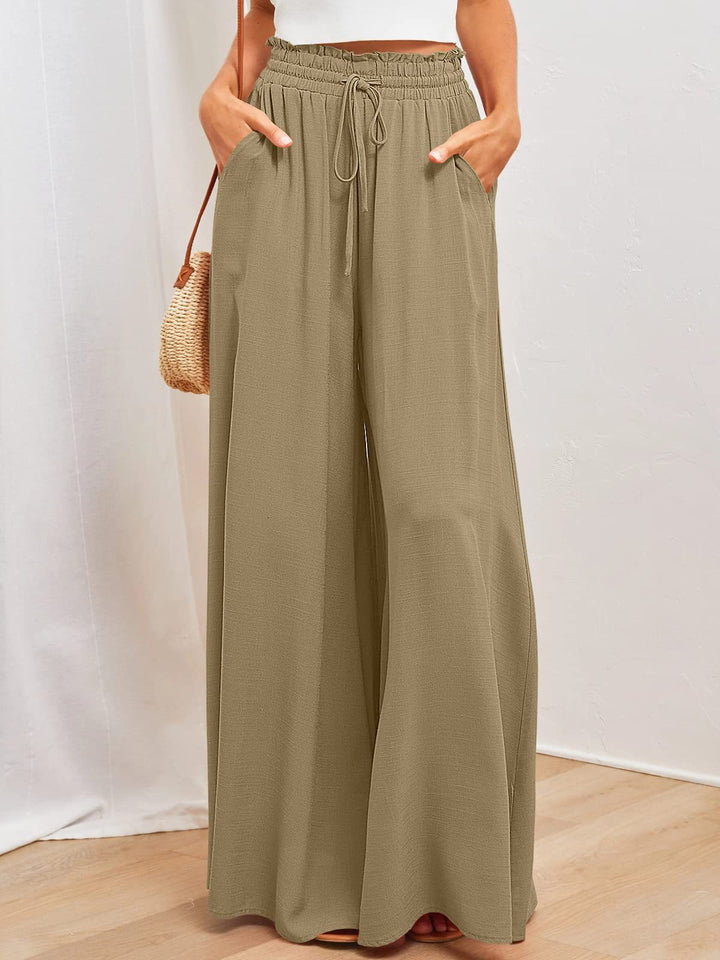 Frauen Hohe Taille Rüschen Elastischer Bund Weite Bein Strand Palazzo Hose mit Zugband und Seitentaschen – Avélisse