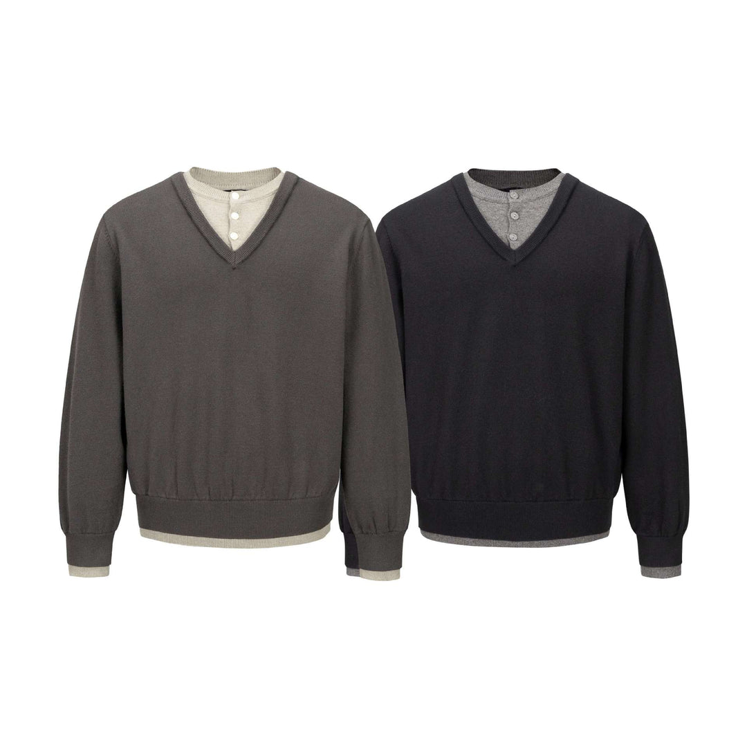 Herren V‑Neck Feinstrickpullover mit integriertem Henley‑Detail und elastischem Bund Echoarchiv
