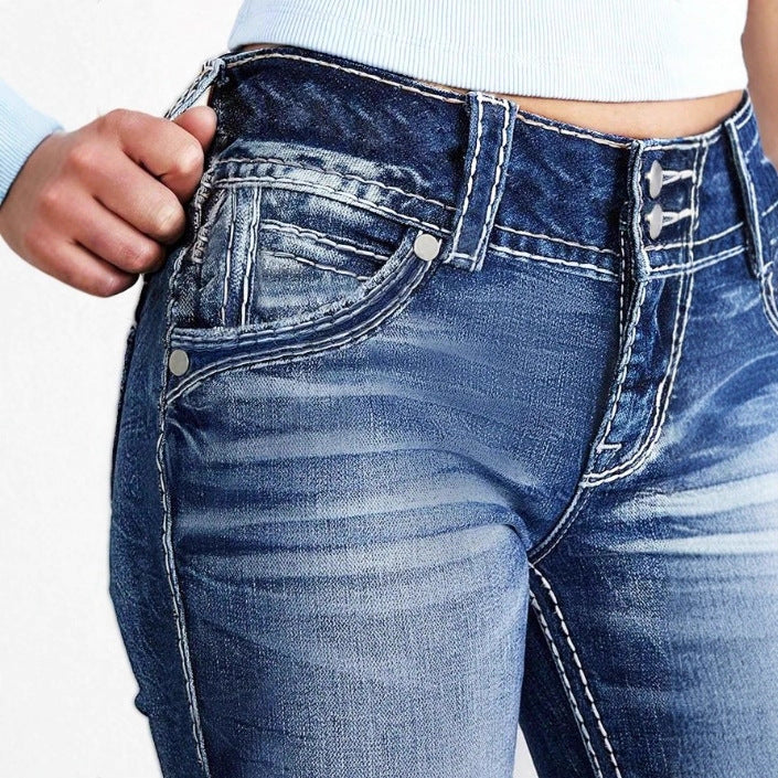 Damen Hochbund-Bootcut-Jeans mit formendem Bund und sichtbarer Knopfleiste Echo Archiv