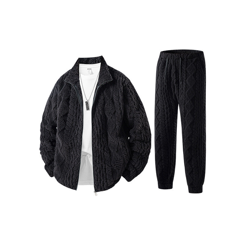 Herren Fleece-Set mit strukturierter Strickoptik, Reißverschlussjacke und Joggerhose Echo Archiv