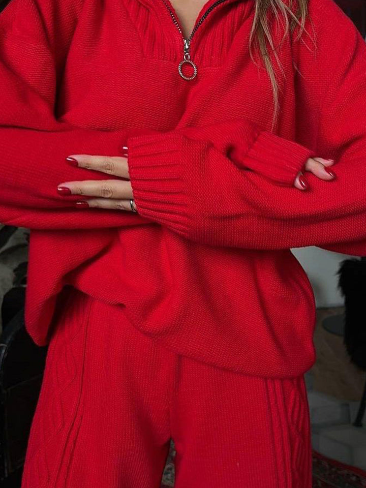 Damen Strick-Relax-Set mit halbem Reißverschluss, Oversize-Pullover und hochtaillierter Zopfmuster-Hose – Mavelle