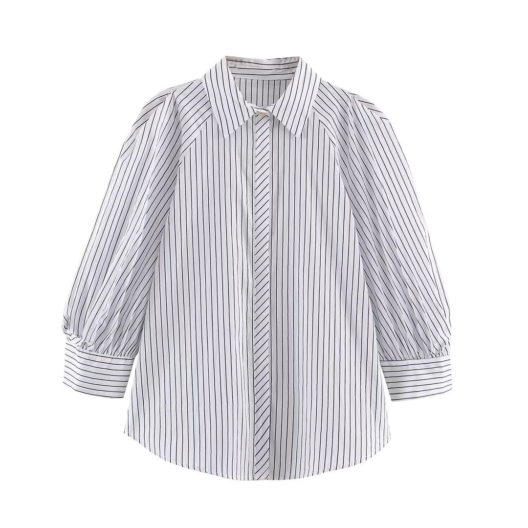 Damen Längsgestreifte Oversize-Hemdbluse mit betonten Puffärmeln Echo Archiv