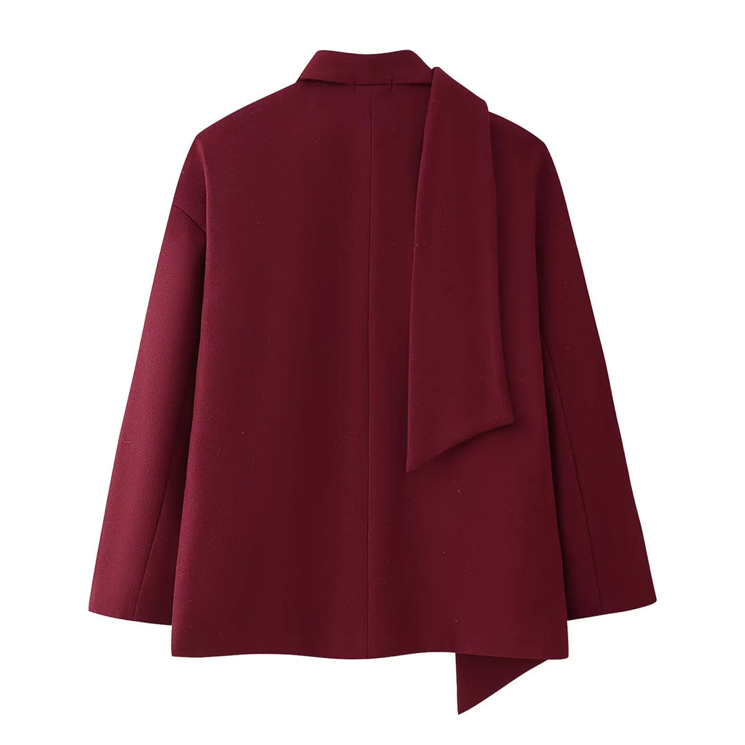 Damen kastiger Mantelblazer mit integriertem Schlauchschal, legerer Boxy‑Silhouette und Pattentaschen – Célinea
